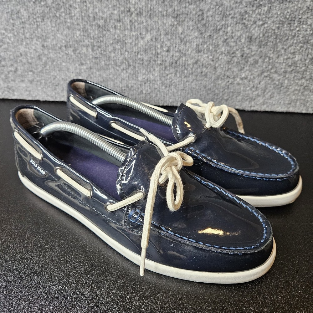 Cole Haan Women's Patent Leather Boat Deck Shoes Navy Blue Size 9 Nantucket